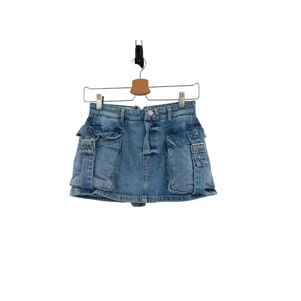 Free‎ People Denim Cargo Mini Skort Utility Pocket Buckle Blue Size 25